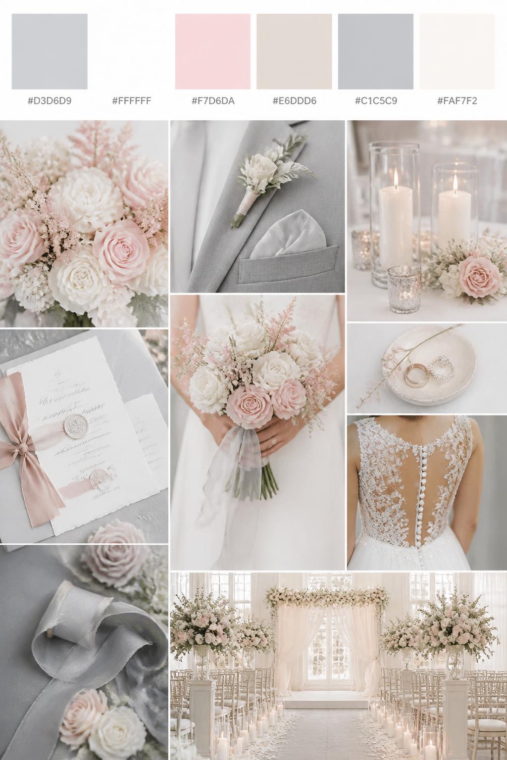 A realistic wedding color scheme mood board with a top swatch strip and small hex codes in soft gray, white, blush pink, pale taupe, silver, and ivory. Below, create a soft elegant collage of blush flowers, gray ribbon or suit details, white candles, airy invitations, hands holding a bouquet, a back-view bridal detail, and a soft indoor ceremony scene. Use no clear faces and mix detail shots with no-people decor images for variety. The mood should feel airy, romantic, and elegant with soft natural light and DSLR-style realism. 9:16 vertical format. (no watermarks on images)