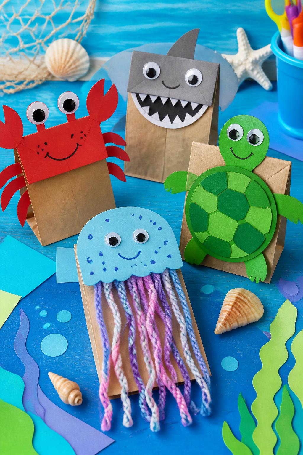 Detailed Image Prompt:
A colorful kids’ summer craft photo showing handmade paper bag ocean animal puppets, including a crab, shark, turtle, and jellyfish, made from paper lunch bags, construction paper, googly eyes, yarn, and markers, arranged on a blue craft table with ocean-themed paper scraps, playful seaside styling, bright natural light, no hands, no faces, no text, no watermark on images.