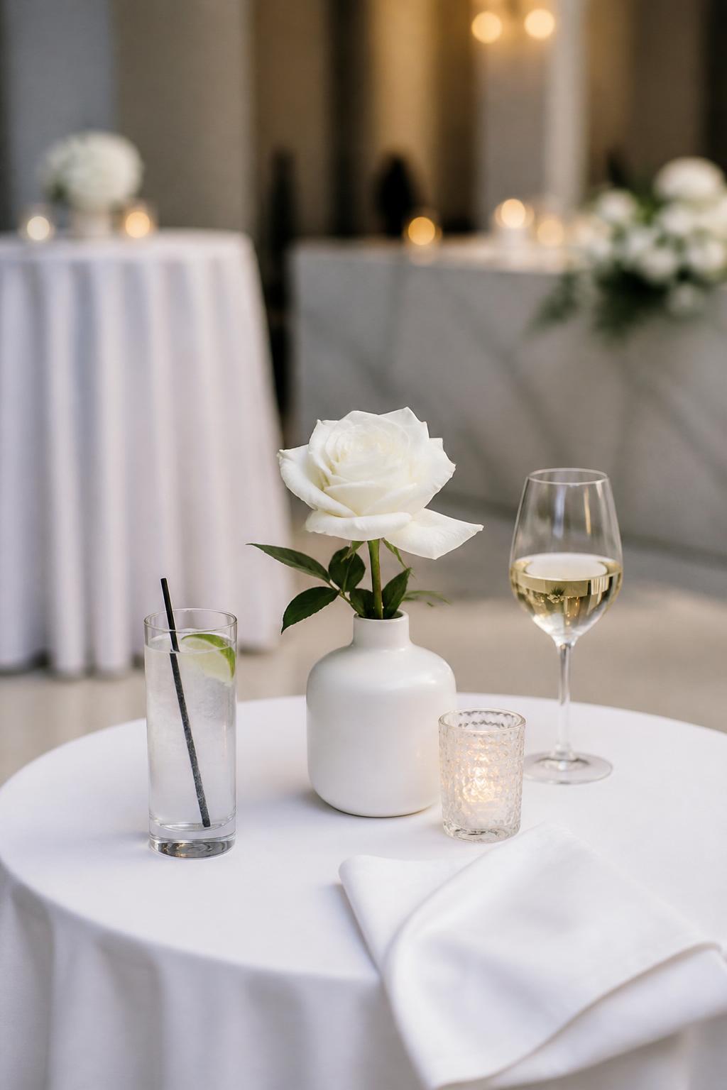Image Prompt:
A minimal wedding cocktail table styled with a single statement bloom in a small modern vase, such as a white rose, orchid, or peony. Add crisp linen, clear drink glasses, and a clean modern reception background. No visible faces, no text, no watermark, realistic editorial wedding photography, (no watermarks on images)