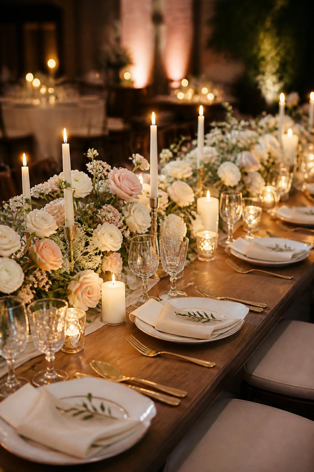 Image Prompt:
A romantic wedding reception table showing a floral garland mixed with candle clusters in different heights, including taper candles, votives, and pillar candles. Use white, blush, and ivory flowers with greenery, white plates, gold flatware, linen napkins, and clear crystal glasses. Warm evening reception setting, no visible faces, no text, no watermark, realistic DSLR wedding photography, (no watermarks on images)