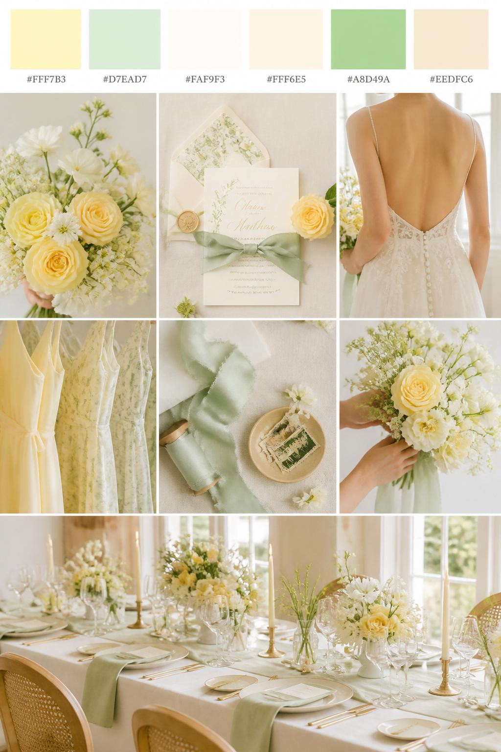 A realistic yellow wedding color palette mood board with a top strip of swatches and small hex codes in pale yellow, mint green, ivory, soft cream, fresh green, and warm beige. Below, show a cohesive collage of pale yellow flowers, mint ribbon, ivory table linens, stationery with silk ribbon, a back-view bridal detail, cropped bridesmaid dress fabric shots, hands-only bouquet styling, and a romantic reception table under soft natural light. Keep faces out of frame using side angles, back views, close-up crops, and no-people scenes. The overall mood should feel fresh, light, romantic, and cheerful with realistic DSLR photo quality. 9:16 vertical format. (no watermarks on images)