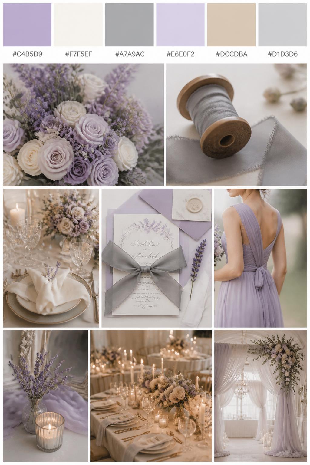 A realistic wedding color palette collage with a top row of swatches and hex codes in lavender, ivory, gray, pale lilac, warm beige, and soft silver. Below, show realistic wedding details such as lavender florals, gray ribbon, ivory table styling, elegant stationery, hands tying an invitation suite, a cropped-from-neck bridesmaid dress detail, and a calm reception setup lit by warm candlelight. Keep all people shown from the back, side, or cropped below the face, and include some no-people decor scenes for variety. The mood should feel romantic, soft, airy, and elegant with DSLR-quality realism. 9:16 vertical format. (no watermarks on images)