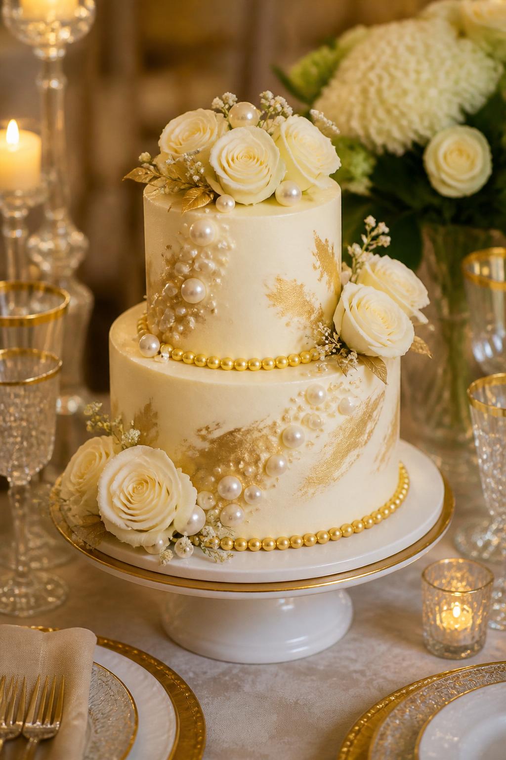 Image Prompt: A refined golden wedding anniversary cake with ivory buttercream, gold pearl borders, edible pearl clusters, soft gold brush strokes, and white roses arranged neatly around the tiers. Style it on a formal dessert table with crystal glasses, gold-rimmed plates, candles, and soft warm lighting. Make it elegant, graceful, and realistic, no people, no faces, no text overlay, no watermark. (no watermarks on images)