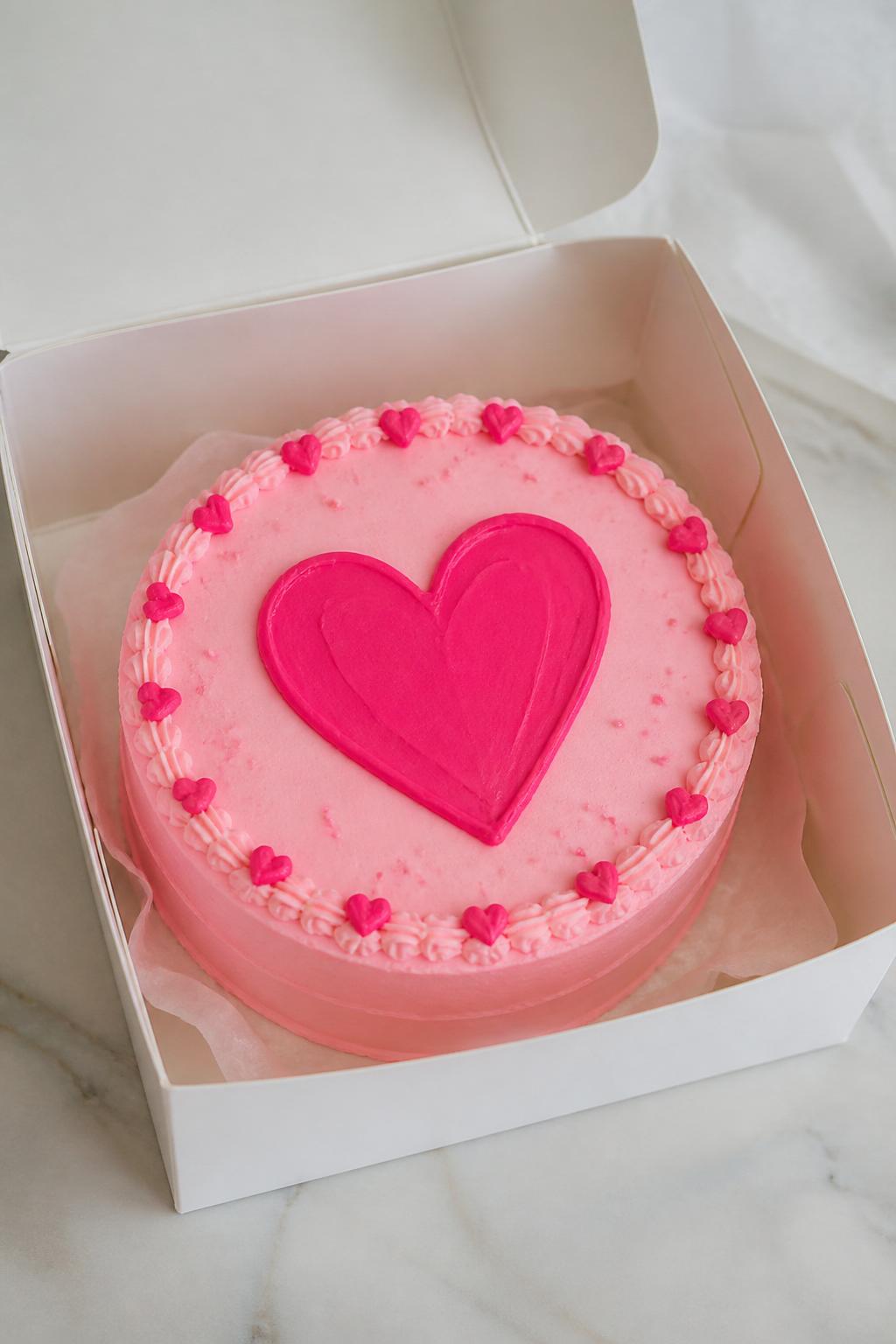 A cute hot pink heart themed bento cake inside a white open cake box, smooth light pink frosting, bold hot pink buttercream heart in the center, tiny piped hearts around the border, playful modern styling, bright clean backdrop, realistic editorial bakery photography, no people, no hands, no faces, no watermarks on images