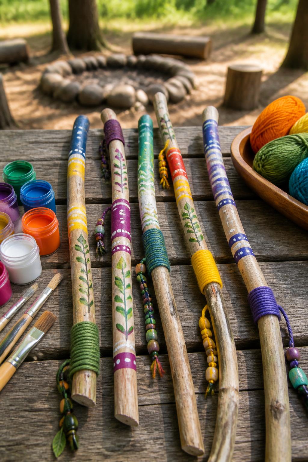 Detailed Image Prompt:
A creative outdoor craft photo showing painted nature walking sticks for kids, smooth wooden sticks decorated with bright painted bands, dots, stripes, small leaf patterns, yarn wraps, and bead ties, arranged on a picnic table with paint pots, brushes, and yarn nearby, forest camp background, bright natural daylight, no kids, no faces, no text, no watermark on images.