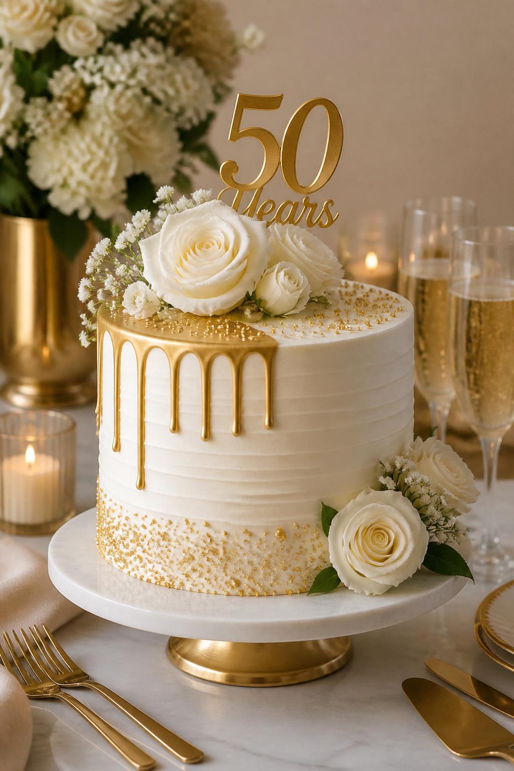 Image Prompt: A modern golden wedding anniversary cake with smooth white buttercream, a clean metallic gold drip, white roses, gold sprinkles, and a small “50 Years” topper. Style it on a polished dessert table with gold cutlery, candles, champagne glasses, and soft neutral florals. Make it look modern, celebratory, and realistic, no people, no faces, no text overlay, no watermark. (no watermarks on images)