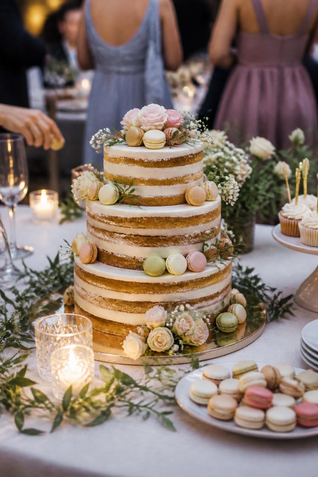 Image Prompt: Ultra-realistic wedding party scene showing a naked wedding cake with visible sponge layers, smooth buttercream filling, and pastel macarons placed around the tiers. Add small flowers, soft greenery, and a few matching dessert table details nearby. Place the cake at a real wedding reception with candles, pretty linens, floral centerpieces, and softly blurred decor in the background. No visible faces. If guests are included, show only hands reaching near the dessert table, back views, or cropped neck-down figures. Realistic macaron texture, cake layers, and bright editorial wedding photography. (no watermarks on images)