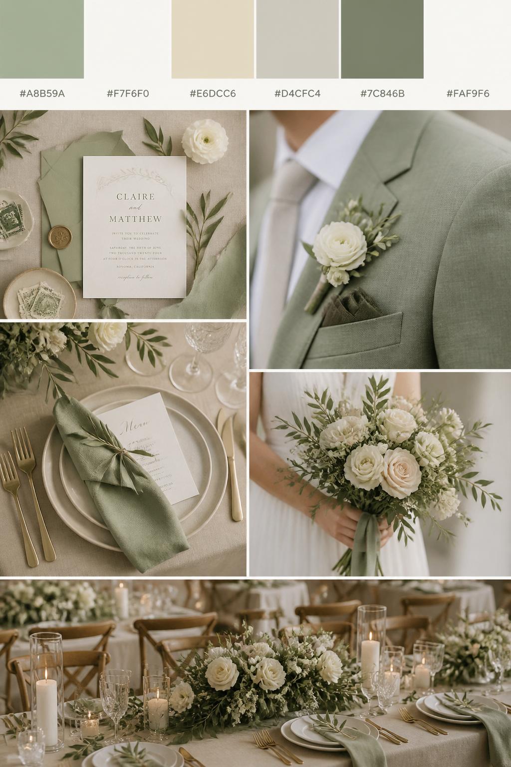 A realistic elegant wedding mood board with a top strip of color swatches and small hex codes in sage green, ivory, beige, soft taupe, muted olive, and cream. Below, show a calm romantic collage of wedding details: sage napkins, ivory flowers, beige table linens, soft greenery, invitation flat lays, a cropped groom suit detail with boutonniere and no face visible, hands holding a bouquet, and a no-people reception table with candles and floral centerpieces. Keep the collage polished and airy with DSLR-style realism. Use no clear faces, with side angles, back views, detail-only shots, and no-people scenes. 9:16 vertical format. (no watermarks on images)