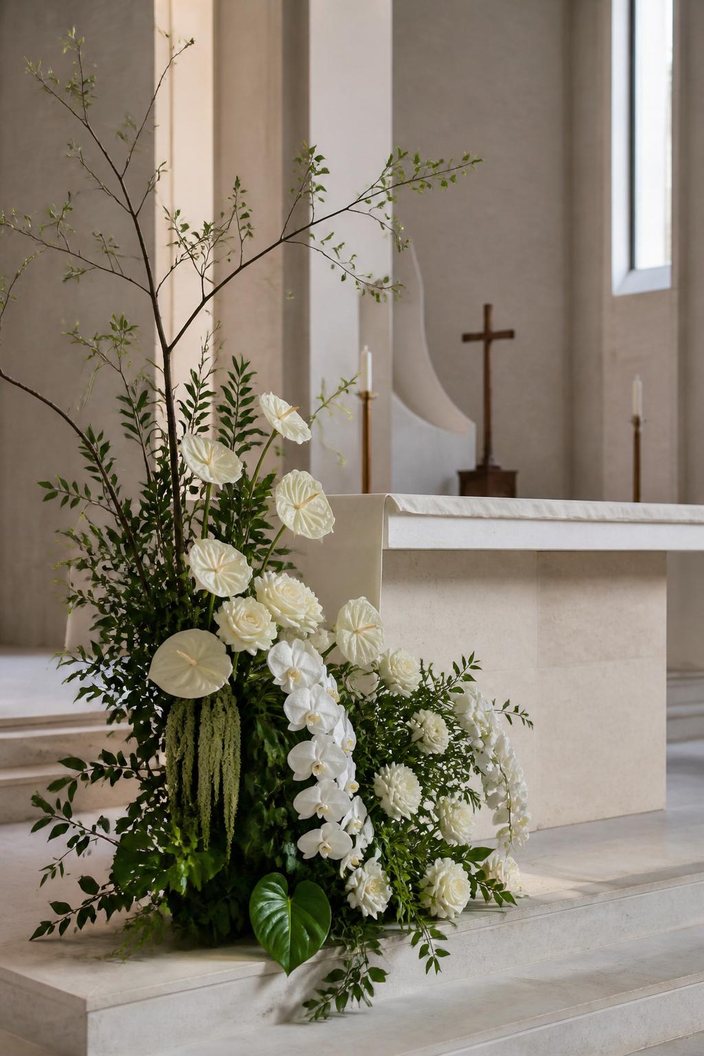 Image Prompt:
A modern asymmetrical church altar floral arrangement placed to one side of the altar, using white roses, cream orchids, anthuriums, ranunculus, airy branches, and sculptural greenery, clean stone church interior, simple altar, soft natural light, no people, no faces, stylish modern church wedding decor, realistic floral textures, editorial photography, no text, no watermark.