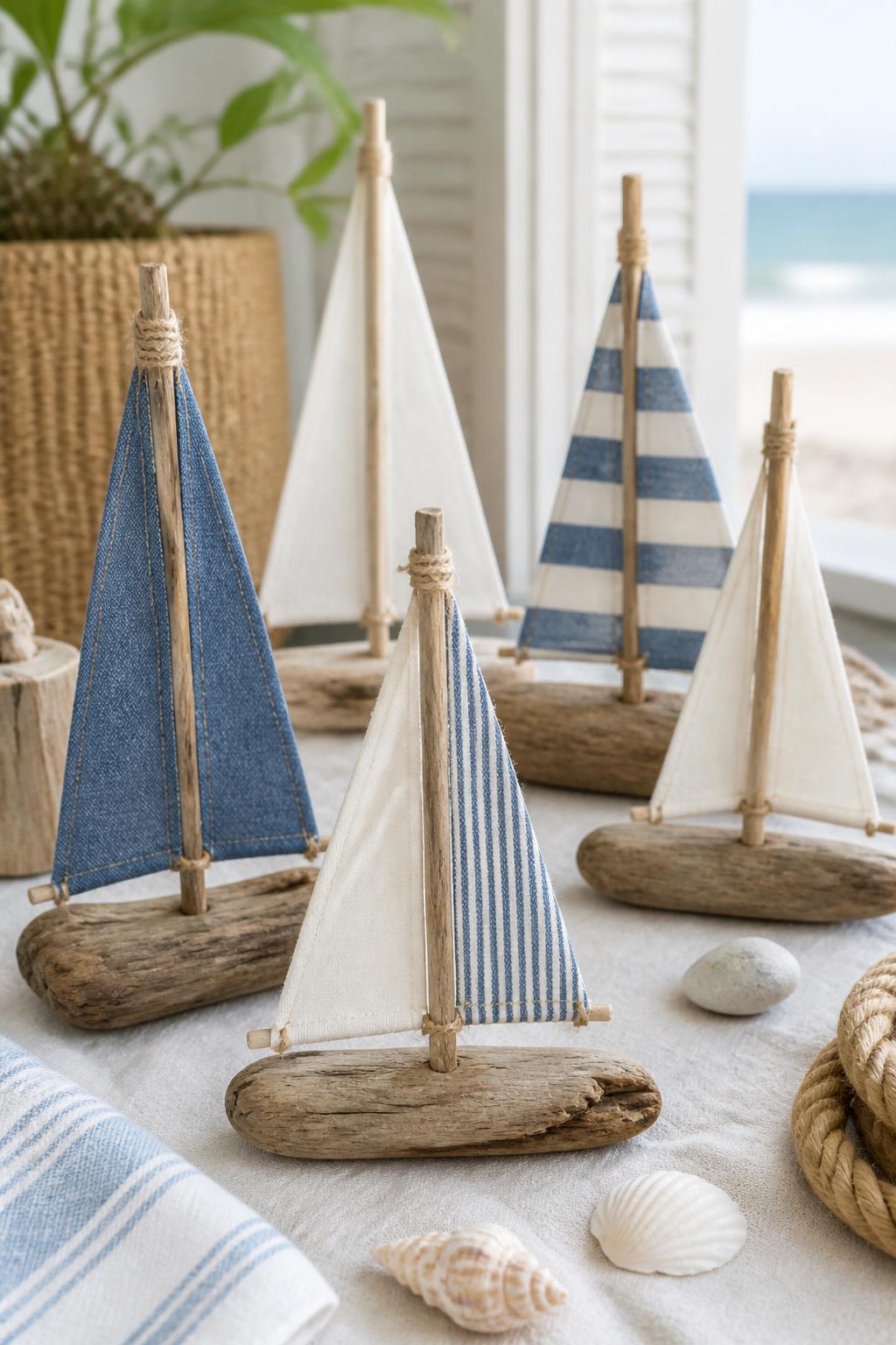 Detailed Image Prompt:
A coastal summer craft photo showing handmade driftwood sailboats, small driftwood bases with white and blue fabric sails, twine details, tiny wooden mast pieces, arranged on a light linen table with seashells and rope nearby, soft beach house styling, natural daylight, clean editorial image, no people, no faces, no text, no watermark on images.