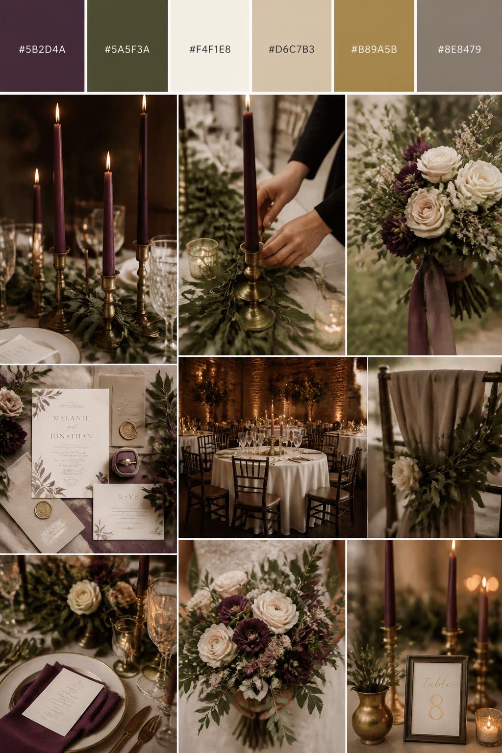 Image Prompt:
A realistic wedding palette mood board in a polished Pinterest collage layout. Include a top strip of color swatches with hex codes in plum, olive green, ivory, warm beige, brass, and soft taupe. Below, show a romantic collage with plum taper candles, olive greenery garlands, ivory table linens, brass candle holders, cream flowers, invitation flat lays, hands placing candles on a table, bouquet close-ups, and softly lit no-people reception decor. Keep variety in the compositions with no full faces, using hands-only images, back views, and no-people styling scenes. The mood should feel moody, elegant, and romantic with real DSLR photo quality. 9:16 vertical format. (no watermarks on images)