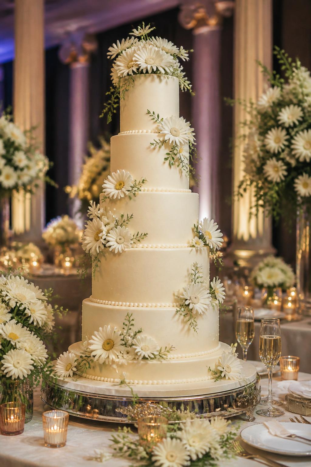 Image Prompt: Ultra-realistic wedding reception image of a tall daisy statement wedding cake with multiple elegant tiers, smooth ivory icing, fresh white daisies with yellow centers, delicate greenery, and a polished romantic finish. Place the cake on a grand reception cake table with candles, daisy floral centerpieces, champagne glasses, fine linens, and a softly blurred luxury wedding venue backdrop. Keep the cake as the main focus. No visible faces. If people appear, show only cropped hands, side views in blur, back views, or neck-down figures. Realistic cake height, daisy petals, detailed icing texture, warm DSLR wedding photography. (no watermarks on images)