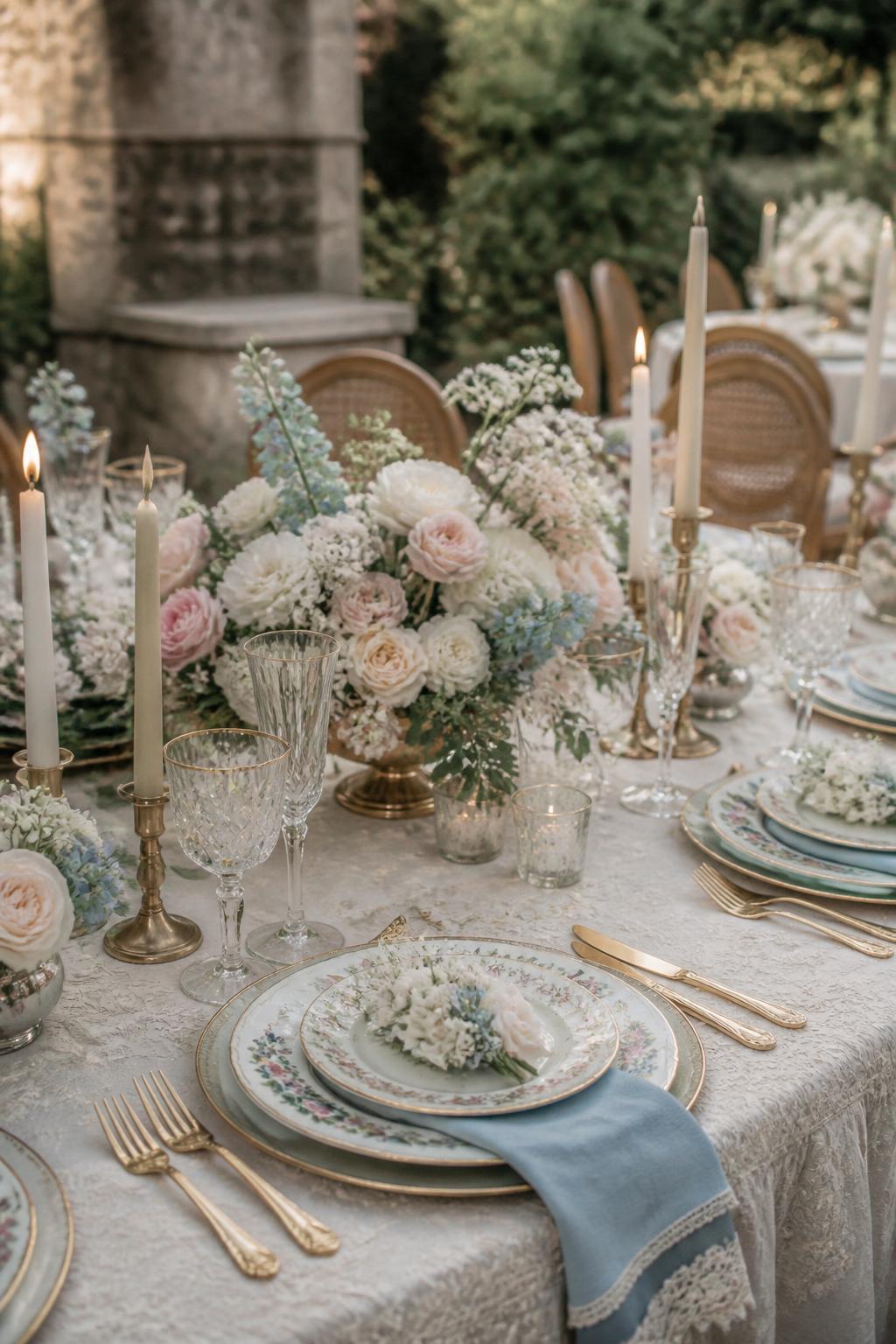 Image Prompt:
A romantic vintage wedding table styled with soft blue linen napkins, floral china plates, white and blush flowers, crystal glasses, gold flatware, lace details, and ivory candles. Garden or historic estate reception setting, no visible faces, no text, no watermark, realistic editorial wedding photography, (no watermarks on images)