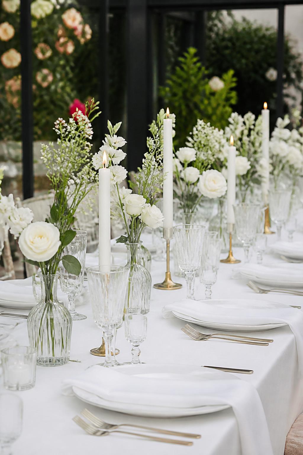 Image Prompt:
A clean wedding reception table showing a neat line of small clear bud vases, each filled with white flowers and delicate greenery stems. Add white plates, linen napkins, slim candles, clear crystal glasses, and elegant table styling. Bright garden or modern reception setting, no visible faces, no text, no watermark, realistic editorial photography, (no watermarks on images)