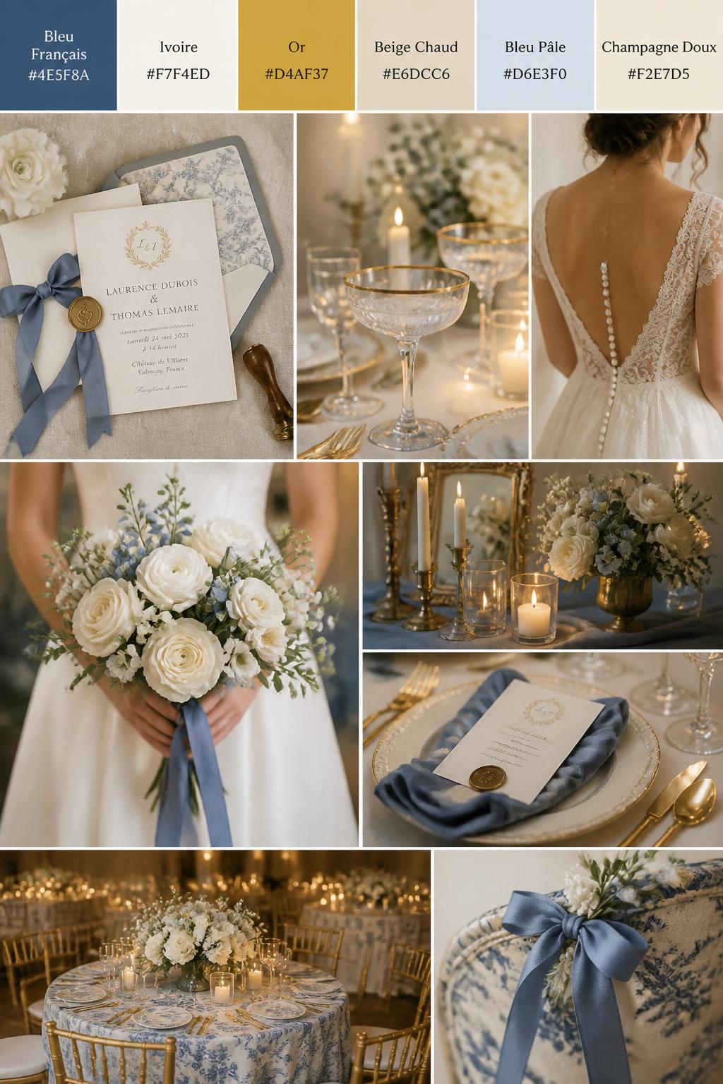A realistic wedding color mood board in a vertical collage style. Add a top strip of palette swatches with hex codes in French blue, ivory, gold, warm beige, pale blue, and soft champagne. Below, show realistic wedding details like French blue ribbon, ivory florals, gold-rimmed glassware, romantic candles, elegant invitations, a bouquet held in front of the body with no face shown, back-view bridal detail shots, and a warm no-people reception scene. Use no clear faces, with a mix of cropped body details, hands-only shots, and no-people styling scenes. The look should feel elegant, classic, romantic, and polished with DSLR realism. 9:16 vertical format. (no watermarks on images)
