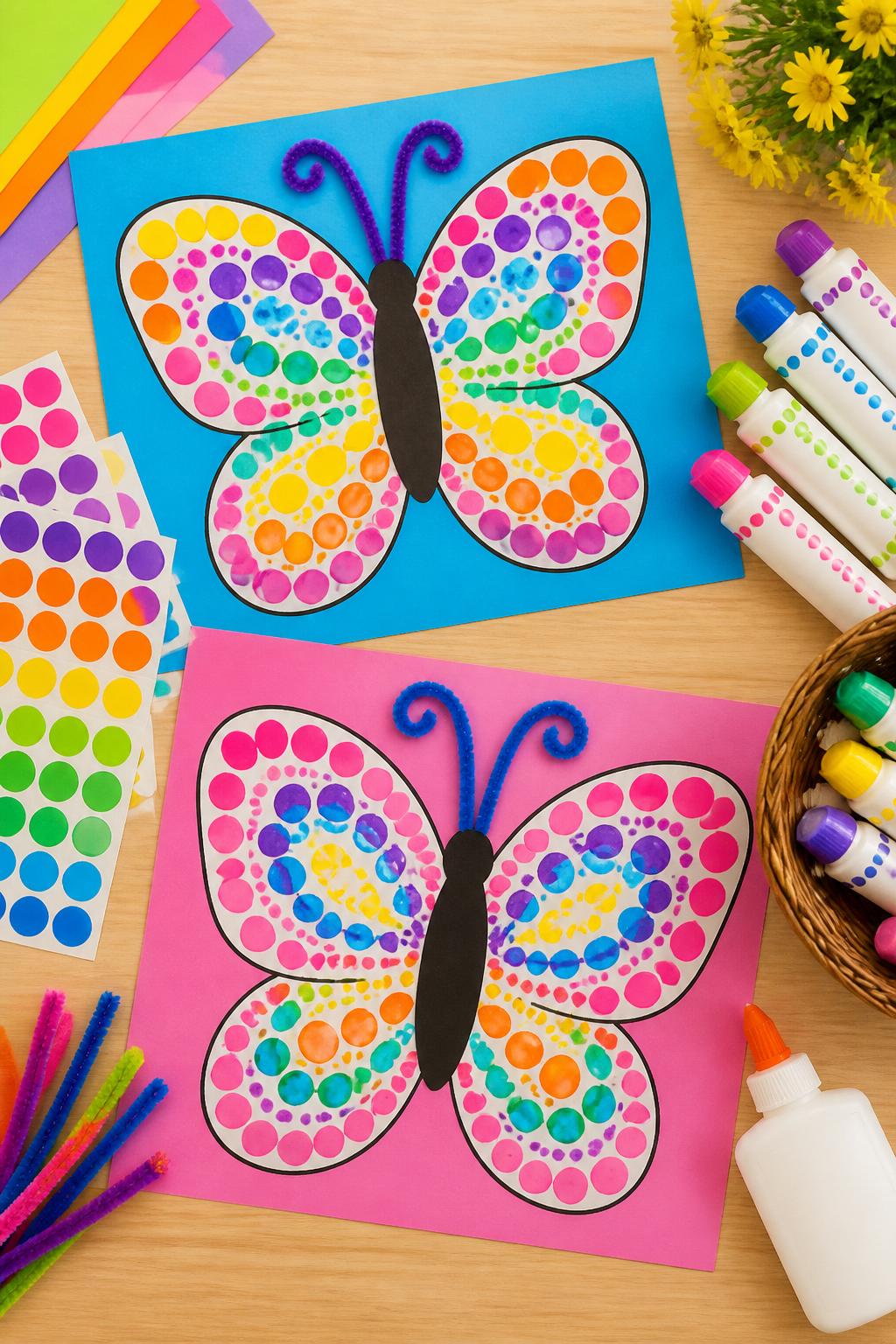 Detailed Image Prompt:
A cheerful daycare craft image showing butterfly wing dot art, large butterfly outlines filled with colorful dot stickers and marker dots, pipe cleaner antennae, bright cardstock backgrounds, sticker sheets, dot markers, and glue nearby, simple summer nature craft setup, no people, no faces, no readable text, no watermark on images.