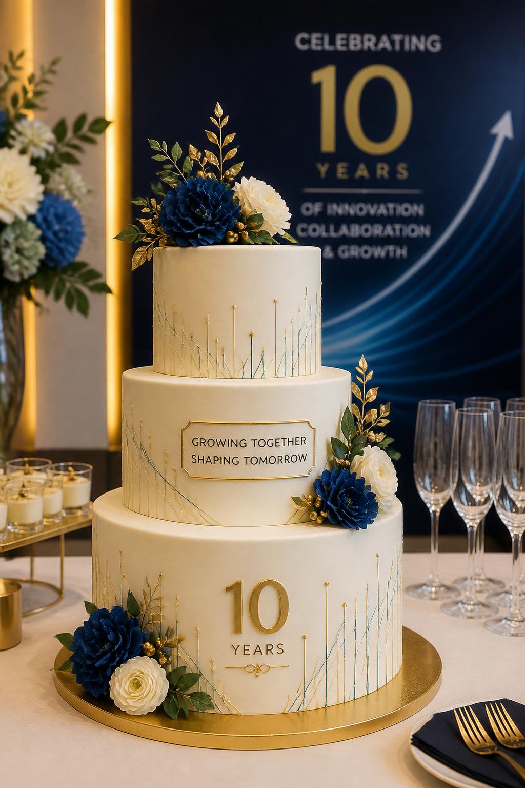Image Prompt: A symbolic company anniversary cake with three smooth tiers, each tier decorated with subtle upward line patterns, small gold accents, and brand-colored floral details. Style it on a corporate event dessert table with elegant signage blurred in the background, glassware, and warm lighting. Make it look professional, meaningful, and realistic, no people, no faces, no watermark. (no watermarks on images)