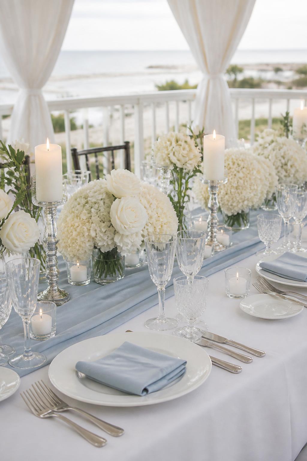 Image Prompt:
A romantic coastal wedding reception table featuring a soft light blue linen runner, white roses, white hydrangeas, ivory candles, white plates, clear crystal glasses, and polished flatware. Airy beach house or tented seaside reception setting, no visible faces, no full people, no text, no watermark, realistic wedding photography, (no watermarks on images)