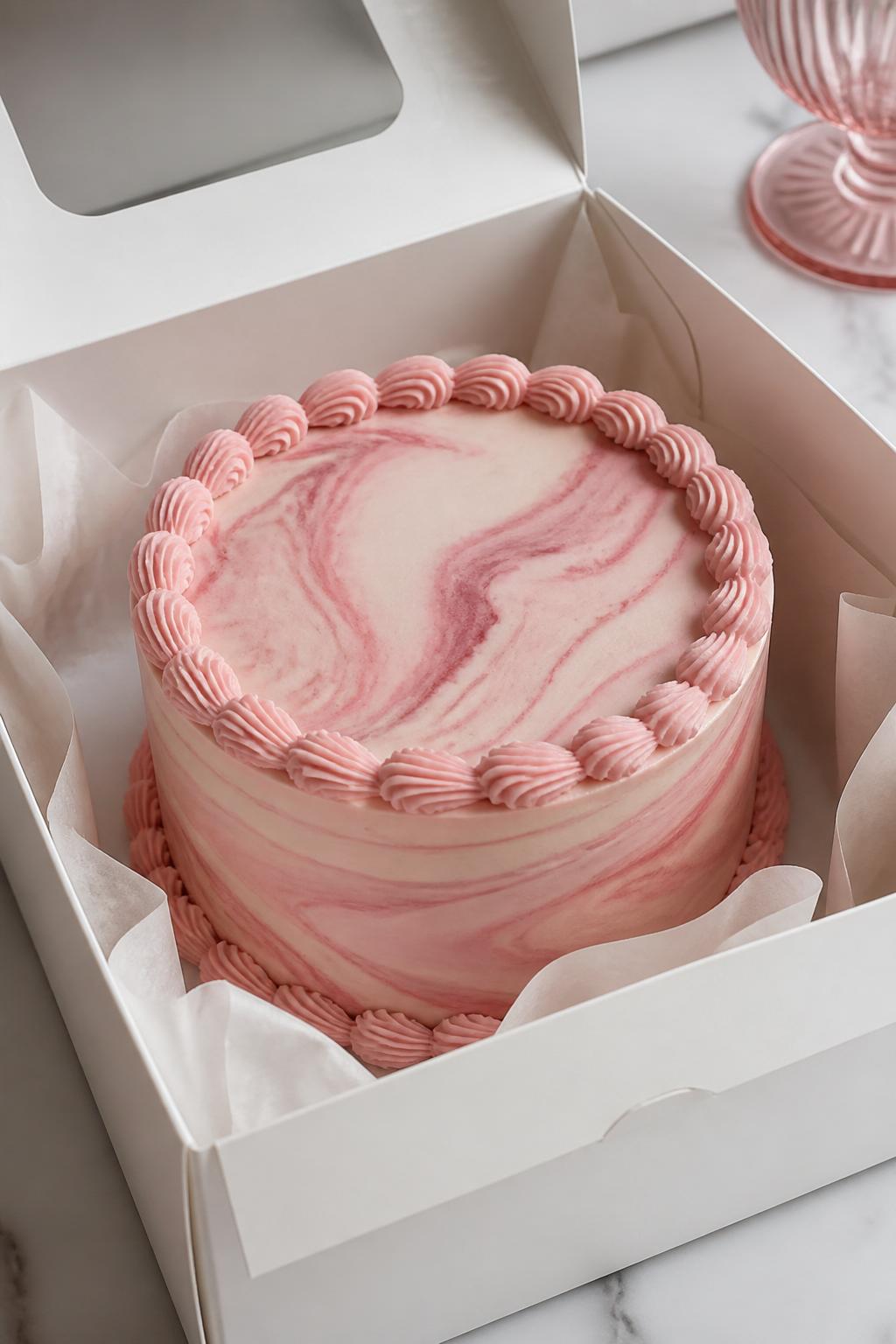 A stylish pink marble bento cake inside an open white cake box, smooth buttercream frosting with soft blush and rose pink marble swirls, neat border, modern elegant styling, clean soft background, realistic close-up bakery photography, no people, no hands, no faces, no watermarks on images