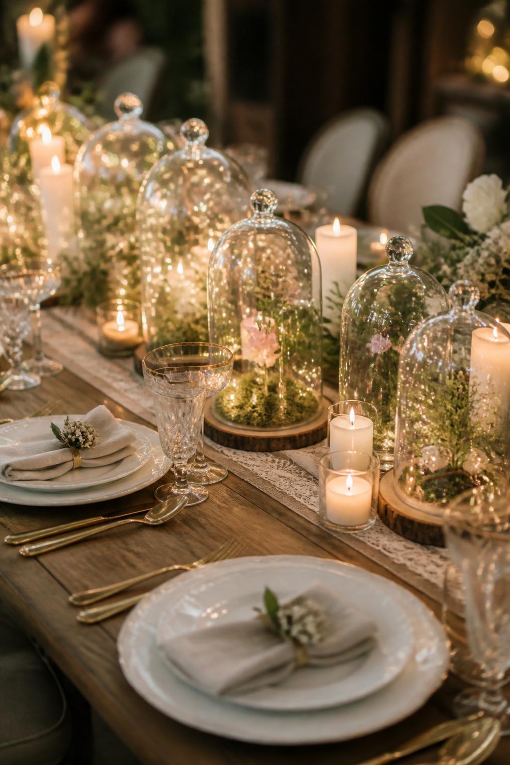 Image Prompt:
A creative whimsical wedding table photo showing small glass cloche centerpieces covering tiny floral arrangements, moss, or delicate fairy-light details. Add white plates, linen napkins, gold flatware, candles, and soft garden-style lighting. Romantic indoor or garden wedding setting, no visible faces, no text, no watermark, realistic editorial photography, (no watermarks on images)