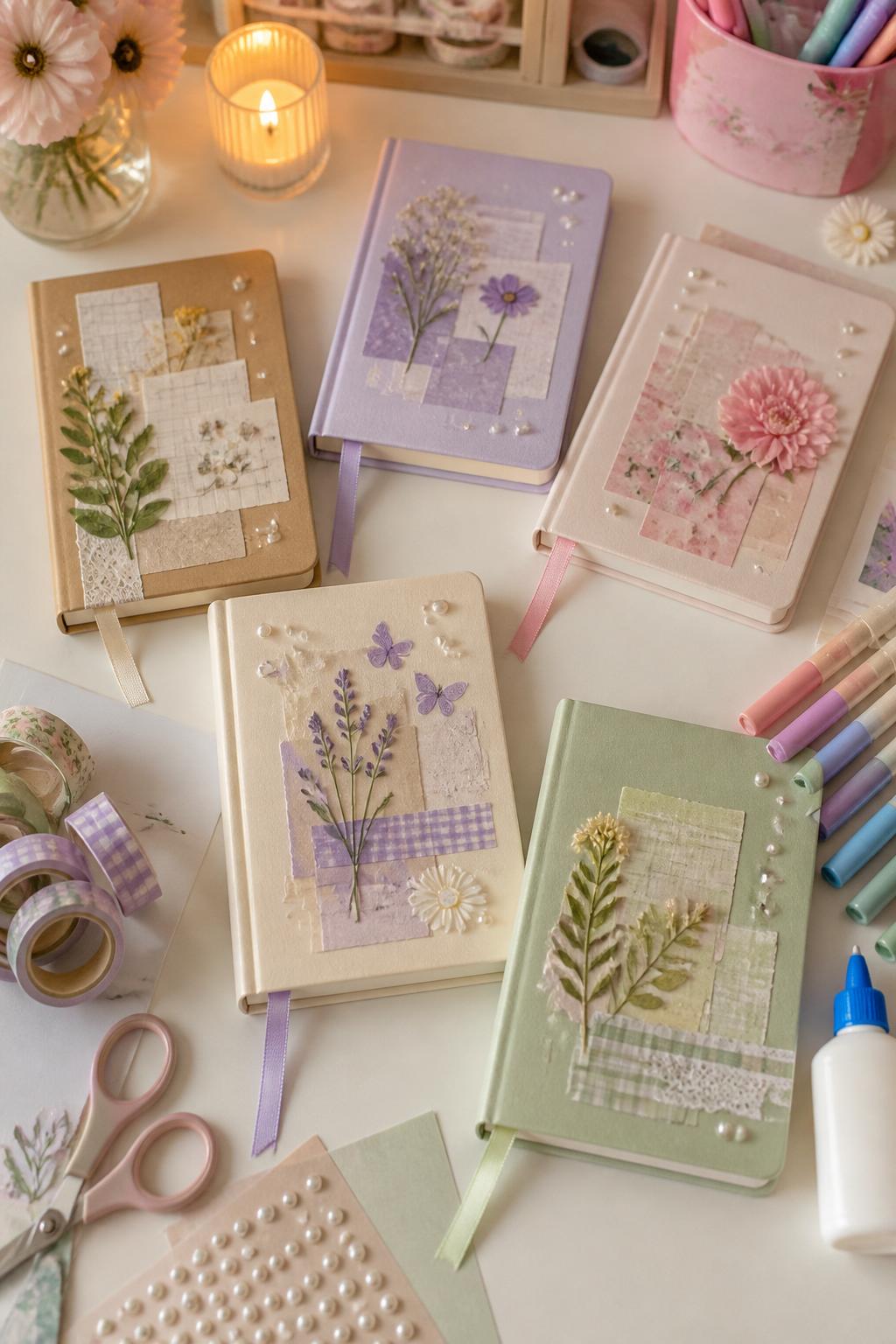Detailed Image Prompt:
A stylish stationery craft photo showing decorated journals for girls’ night, plain notebooks covered with scrapbook paper, stickers, washi tape, pressed flowers, ribbon bookmarks, pearl accents, and soft doodle patterns, arranged with markers, glue, and scissors on a clean desk, cozy creative night styling, no people, no faces, no readable text, no watermark on images.