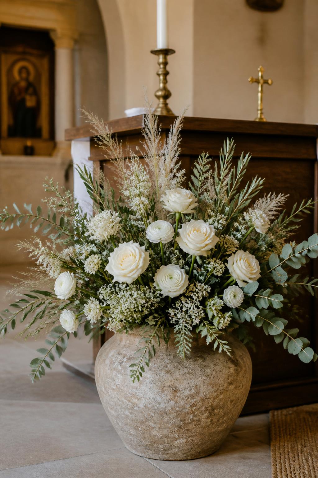 Image Prompt:
A rustic church altar arrangement with cream roses, white ranunculus, olive branches, seeded eucalyptus, soft grasses, and small white filler flowers arranged in a weathered clay vessel, simple chapel interior, wooden altar, warm natural light, no people, no faces, Mediterranean-inspired church floral decor, realistic textures, editorial DSLR-style image, no text, no watermark.