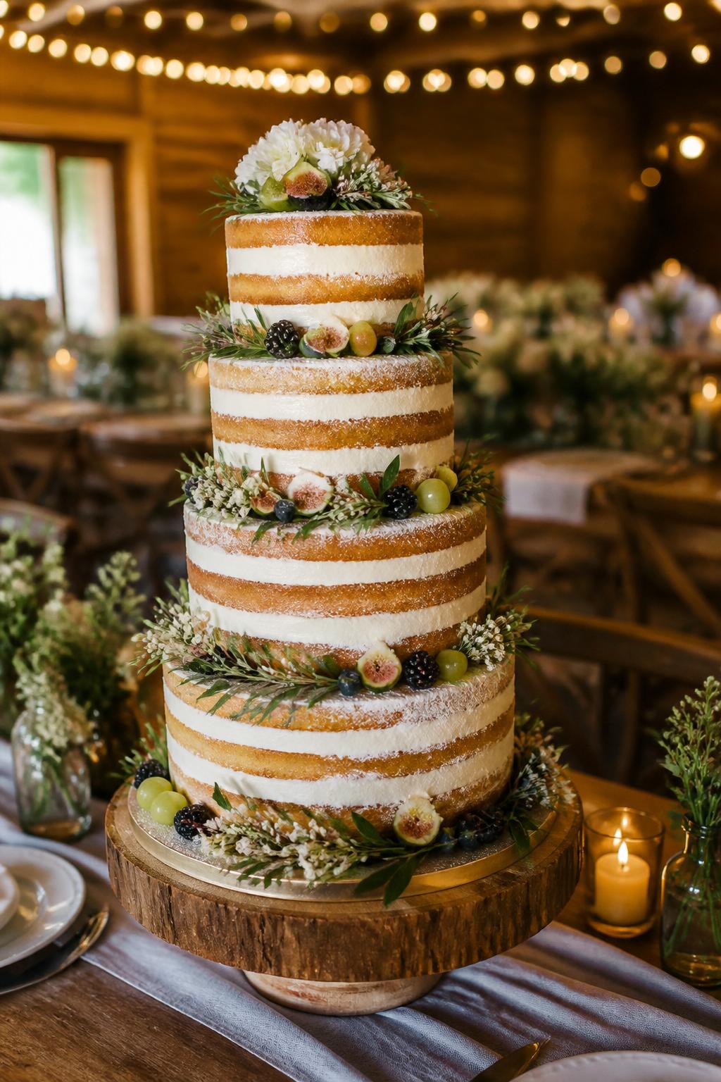 Image Prompt: Ultra-realistic wedding reception photo of a tall rustic naked wedding cake with four or five tiers, exposed golden sponge layers, thick white buttercream filling, and a light natural frosting finish. Decorate with fresh greenery, small white flowers, and a few seasonal fruits. Place it on a wooden cake stand at a rustic wedding party scene with farmhouse tables, candles, string lights, linen runners, and warm blurred reception decor. No visible faces. If people appear, show only back views, side views, cropped hands, or neck-down figures. Realistic cake texture, warm DSLR lighting, wedding editorial composition. (no watermarks on images)