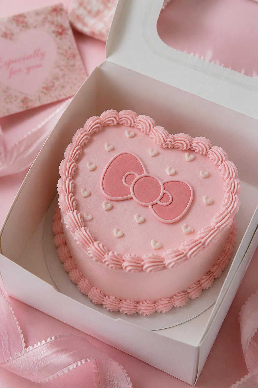 Image Prompt:
A cute Hello Kitty inspired bento cake inside an open white cake box, pale pink buttercream frosting, central Hello Kitty bow design on top, tiny white heart accents, delicate piped border, soft coquette bakery styling, pastel pink backdrop, realistic DSLR dessert photography, no people, no hands, no faces, no watermarks on images