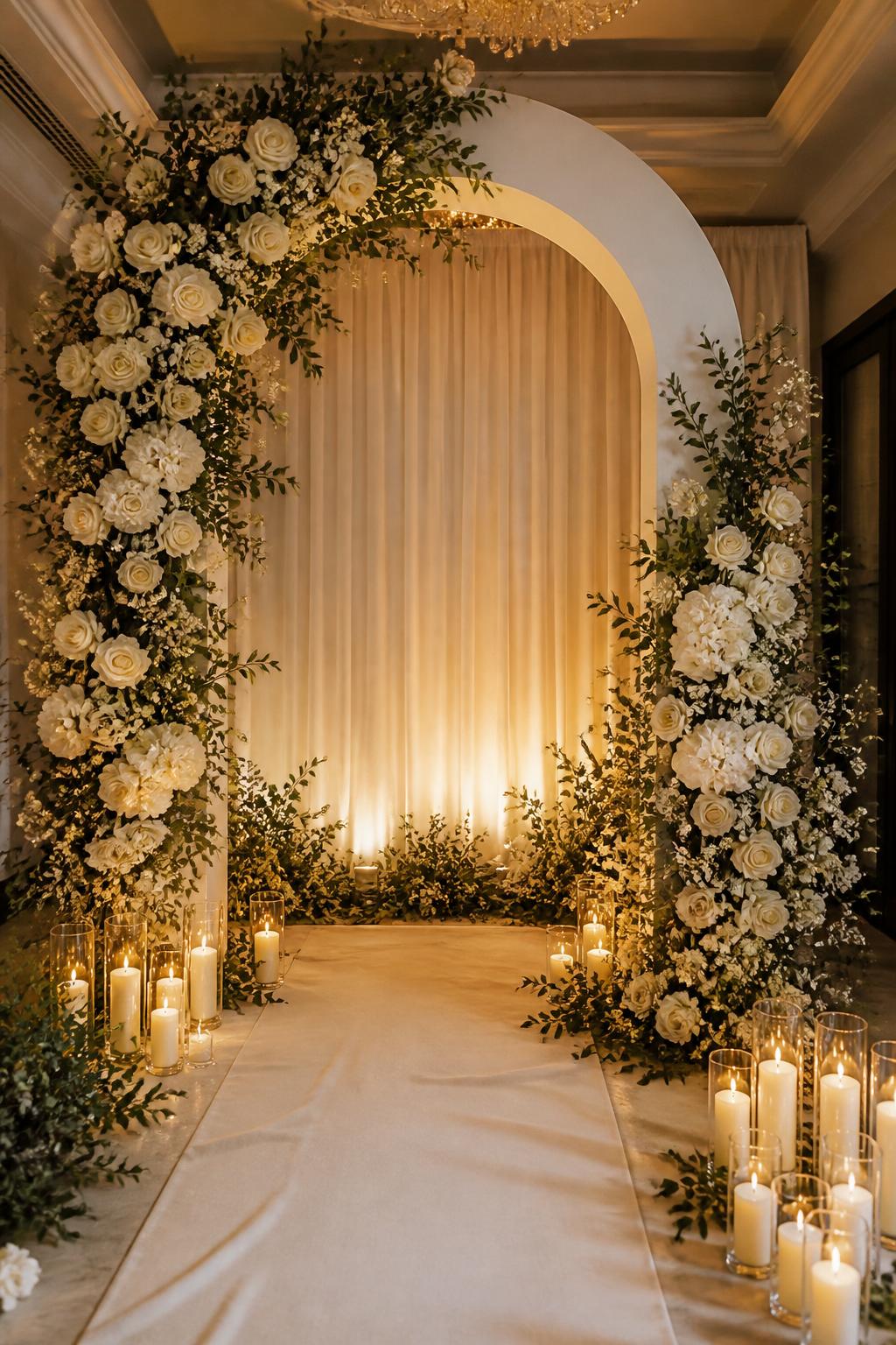 Image Prompt:
A single realistic editorial-style photo of a romantic engagement party backdrop featuring a large white arched frame covered in full white roses and soft greenery, layered floor candles in glass holders, a cream fabric runner, soft ivory draping behind the arch, elegant indoor event styling, no people, no faces, warm ambient lighting, natural shadows, realistic high-end event photography, no text, no watermark.