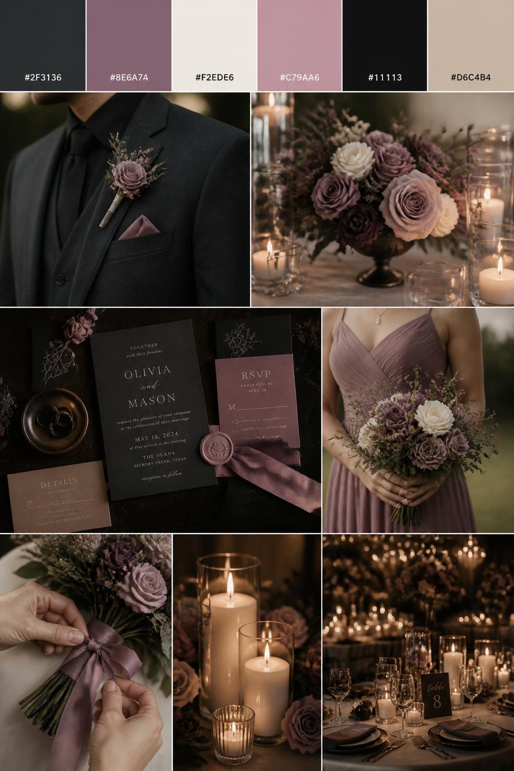 A realistic dark romantic wedding mood board with top color swatches and small hex codes in charcoal gray, mauve, cream, dusty rose, soft black, and warm beige. Under the swatches, show a stylish collage with charcoal suit details, mauve florals, cream candles, soft table settings, romantic invitation suites, a cropped-from-neck bridesmaid dress image, hands tying mauve ribbon around a bouquet, and a reception table under warm candlelight. The mood should be cute, calm, moody, and elegant with DSLR-quality realism. 9:16 vertical format. No visible full faces. (no watermarks on images)