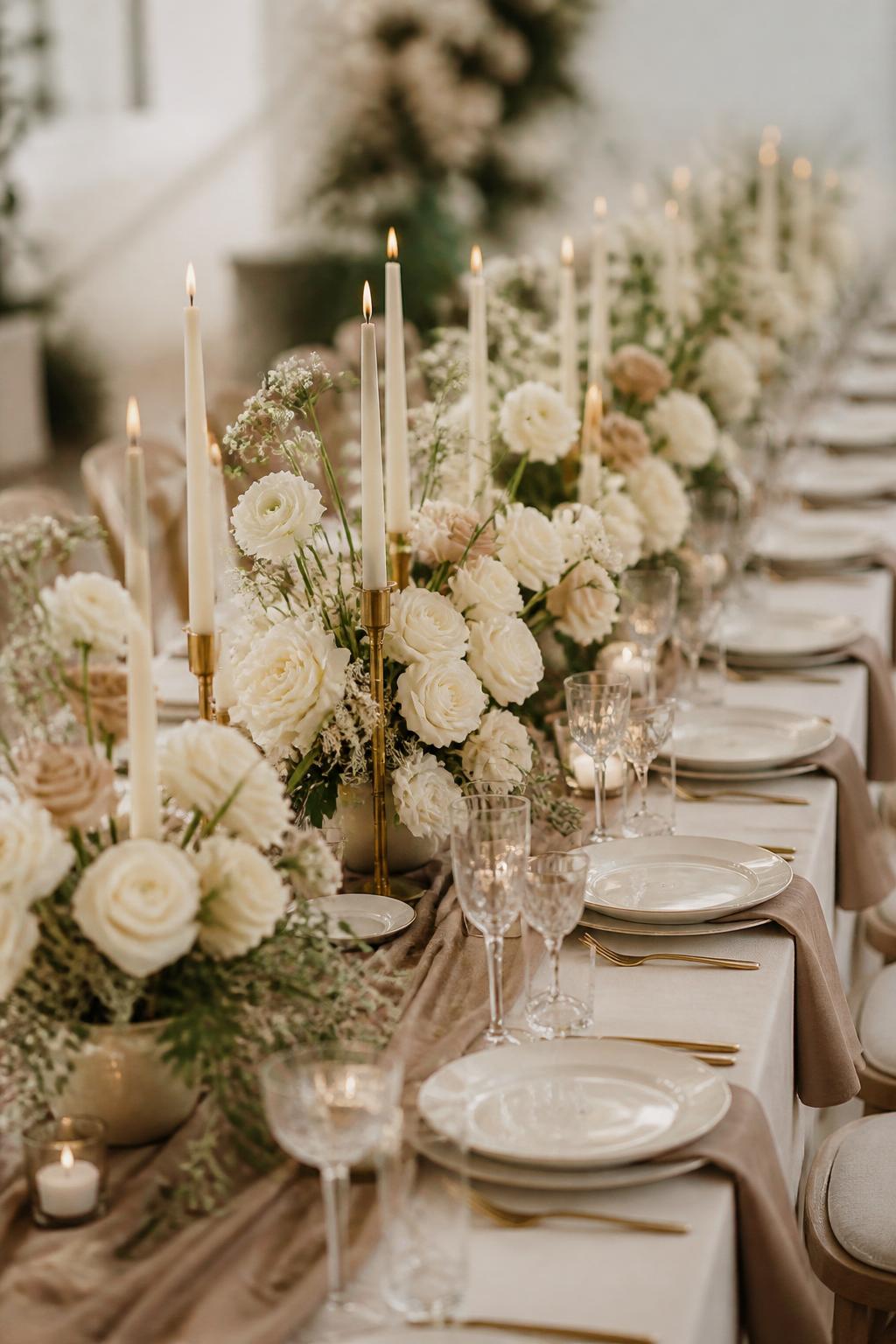 Image Prompt:
A professional editorial wedding reception photo showing a long rectangle wedding table styled with a soft mocha brown linen runner, ivory roses, white ranunculus, beige flowers, soft greenery, ivory taper candles, white plates, gold flatware, and clear crystal glasses. Elegant indoor or garden wedding reception setting, no visible faces, no full people, table-focused composition, realistic DSLR wedding photography, no text, no watermark, (no watermarks on images)