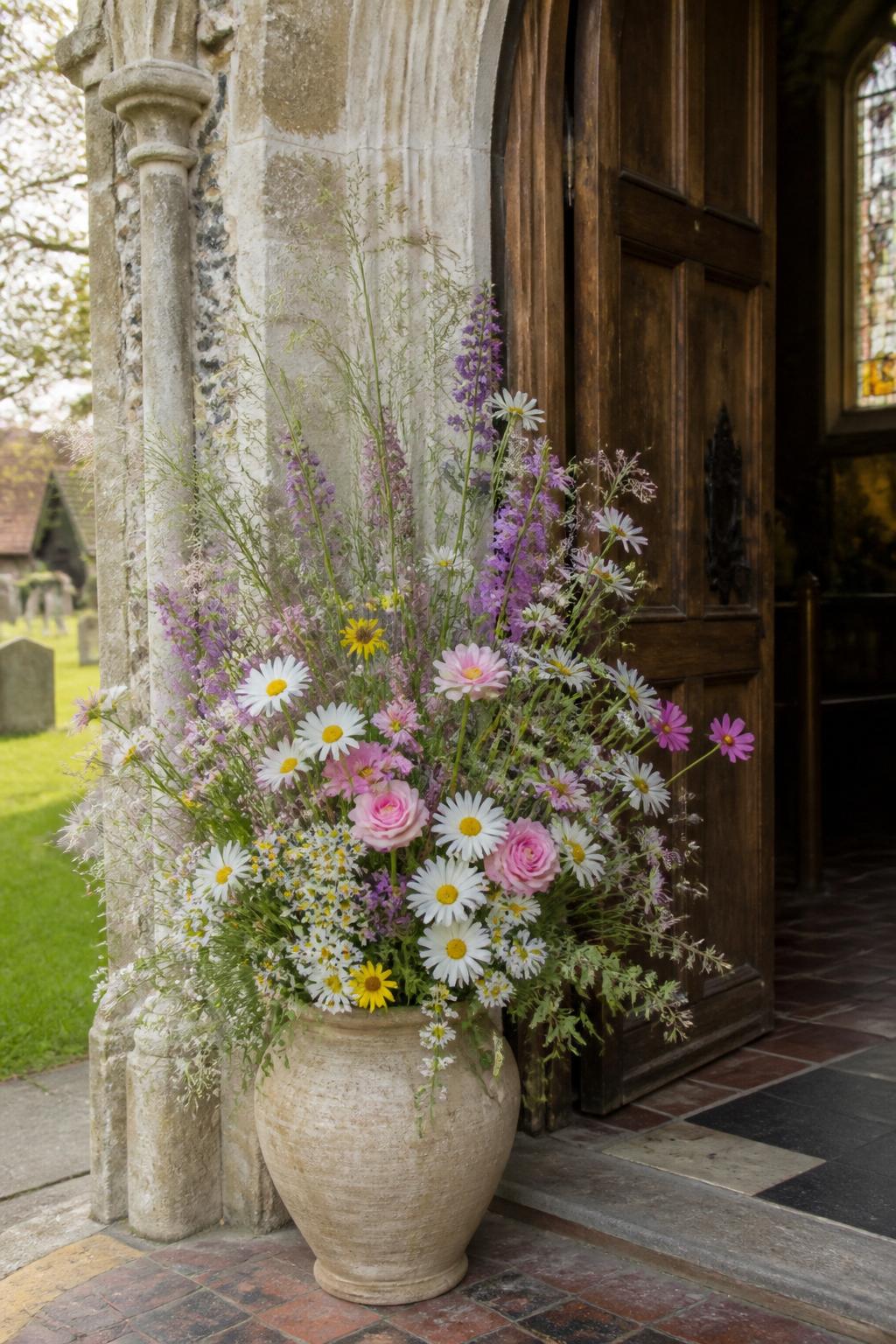 Image Prompt:
A welcoming church entrance decorated with a large seasonal wildflower arrangement in a rustic ceramic urn, filled with daisies, cosmos, lavender, chamomile, small roses, grasses, and soft greenery, placed beside old wooden church doors, natural daylight, charming countryside church setting, no people, no faces, realistic floral textures, warm editorial photography, no text, no watermark.