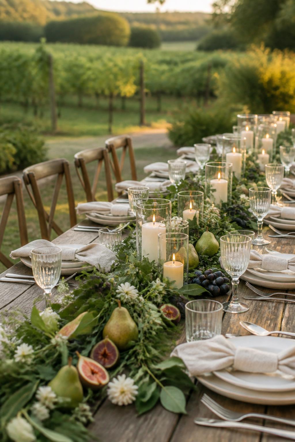 Image Prompt:
A beautiful outdoor wedding picnic table styled with a greenery runner, small white flowers, pears, figs, grapes, ivory candles, ceramic plates, folded linen napkins, and clear glasses. Vineyard, garden, or countryside reception setting with soft golden light, no visible faces, no text, no watermark, realistic editorial wedding photography, (no watermarks on images)