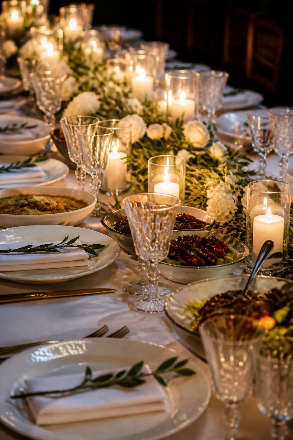 Image Prompt:
A romantic family style wedding table decorated with small candle clusters in clear glass holders, low greenery, white flowers, shared bowls and platters arranged neatly, white plates, linen napkins, and clear crystal glasses. Warm evening reception lighting, no visible faces, no full people, no text, no watermark, realistic DSLR editorial photography, (no watermarks on images)