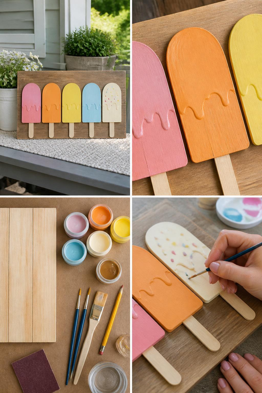 Detailed Image Prompt:
A realistic editorial 2x2 collage grid showing a DIY wooden popsicle summer sign, top-left finished wood sign with painted pastel popsicles in pink, orange, yellow, blue, and cream displayed on a porch table, top-right close-up of popsicle drip details and tiny brush strokes, bottom-left flat lay of wood board, pastel outdoor paint, tan paint, fine brushes, pencil, sandpaper, and clear sealer, bottom-right cropped hands painting sprinkle dots on a popsicle shape, fun summer craft table, no faces, no text, no watermark on images.