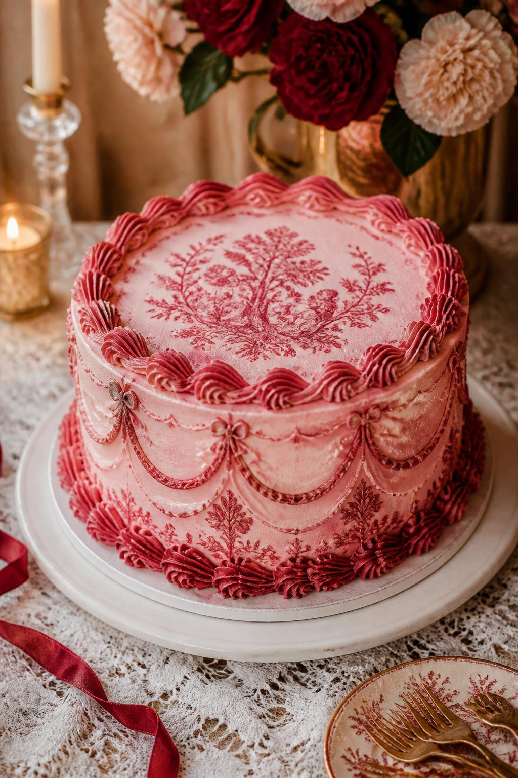 Detailed Image Prompt:
A soft vintage cake in blush pink and red with delicate toile-inspired piped decoration, ornate shell borders, scalloped edges, and a refined old-world bakery finish, displayed on a romantic dessert table with lace and candles, realistic DSLR cake photography, no people, no watermarks on images.