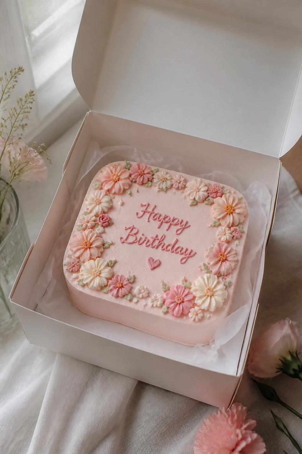 Image Prompt:
A delicate floral bento birthday cake with smooth blush pink frosting, tiny piped buttercream flowers in soft peach, cream, and pink tones, elegant birthday message, open white cake box, fresh romantic styling, soft natural window light, realistic editorial dessert photo, no people, no hands, no faces, no watermarks on images