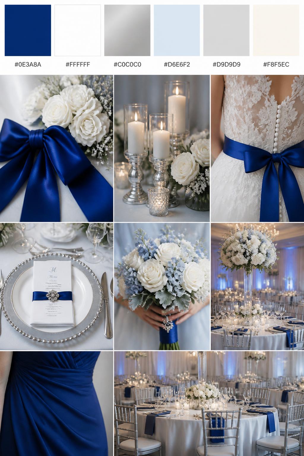 A realistic wedding palette board featuring a top row of color swatches and hex codes in royal blue, white, silver, icy blue, soft gray, and ivory. Below, show a polished collage of wedding visuals: royal blue ribbon or dress fabric, white flowers, silver candle holders, elegant table settings, cropped dress detail shots, bouquet styling in hands-only composition, and no-people reception tables glowing in soft light. Avoid showing faces by using back angles, side crops, waist-up detail framing, and no-people scenes. The collage should feel bold, clean, elegant, and romantic with DSLR-quality detail. 9:16 vertical format. (no watermarks on images)