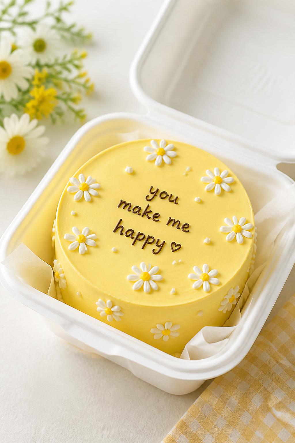 Image Prompt:
A cute daisy themed yellow bento cake inside an open white cake box, smooth pastel yellow frosting, tiny white daisy flowers with yellow centers piped on top and around the edges, neat handwritten message, soft spring-inspired styling, bright natural light, realistic bakery photo, no people, no hands, no faces, no watermarks on images