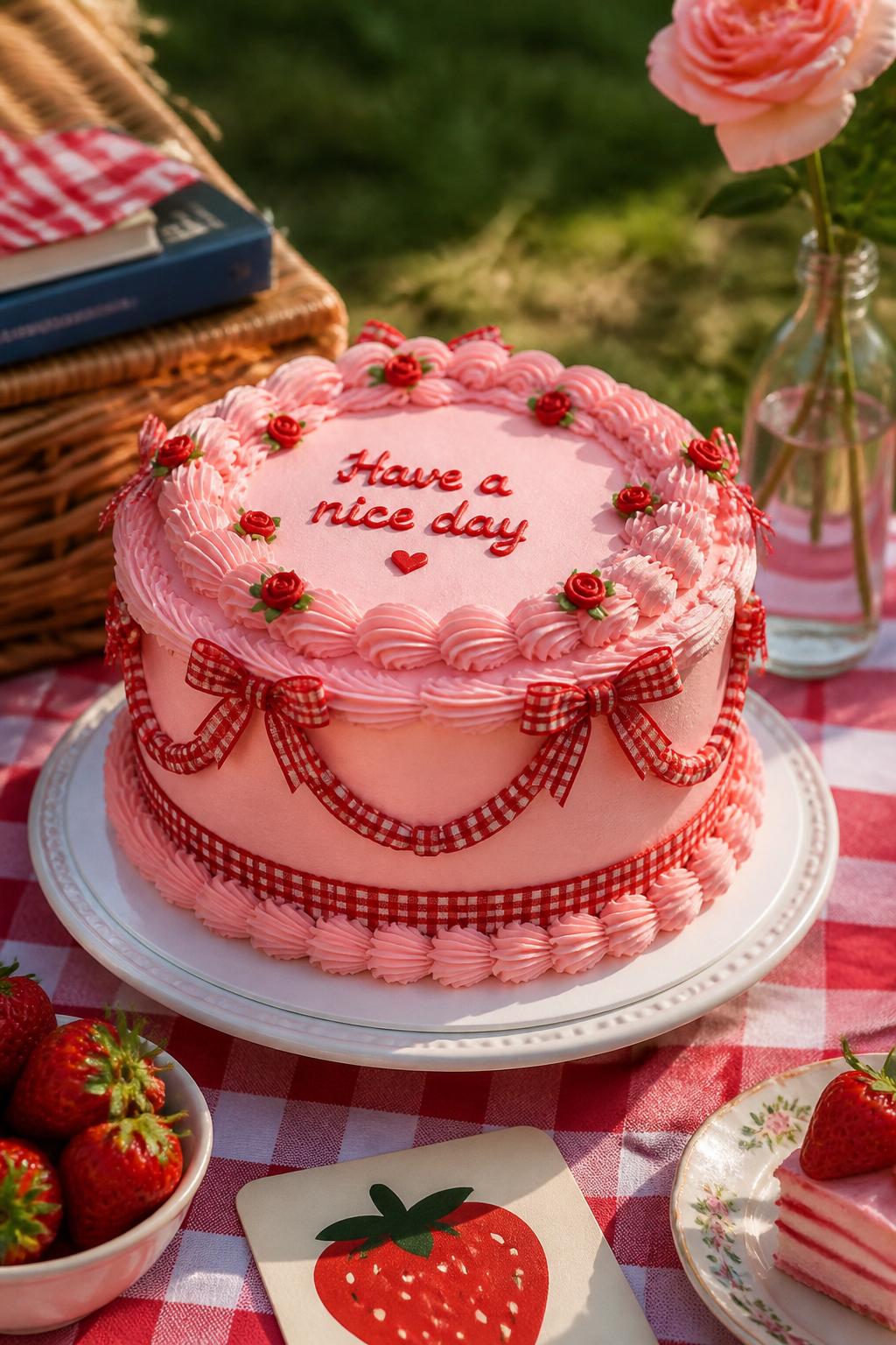 Detailed Image Prompt:
A charming vintage cake with a soft pink buttercream base, red gingham-inspired ribbon accents, piped shell borders, tiny rosettes, and a sweet retro finish, styled on a picnic-inspired dessert table with soft natural light, editorial cake photography, no people, realistic DSLR quality, no watermarks on images.
