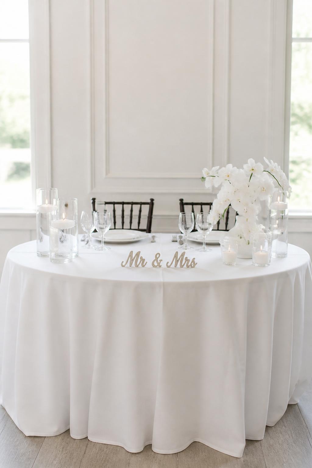 Image Prompt:
A classy minimal wedding sweetheart table with crisp white linen, a small refined Mr and Mrs sign, white orchids in a modern vase, clear glass candle holders, white plates, polished flatware, and soft natural light. Clean elegant reception space, no visible faces, no watermark, realistic DSLR editorial photography.