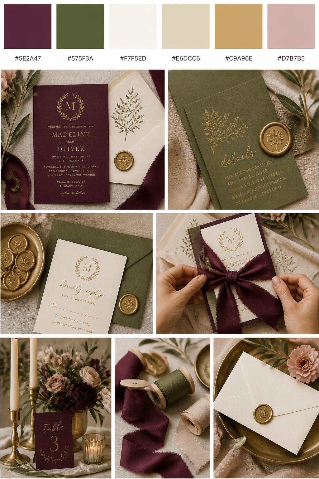Image Prompt:
A realistic wedding inspiration mood board with a top row of swatches and small hex codes in plum, olive green, ivory, beige, antique gold, and muted blush. Under the palette strip, show a polished collage of plum and olive wedding invitations, wax seals, olive branch illustrations, silk ribbon, cream envelopes, gold calligraphy-style details, hands tying ribbon around an invitation suite, and no-people flat lay styling with flowers and candles. Use only hands-only details, side crops, and no-people decor scenes to avoid face issues. DSLR-style realism, 9:16 vertical format. (no watermarks on images)