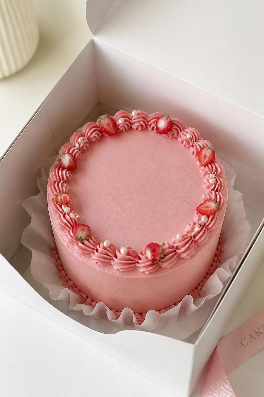 Image Prompt:
A beautiful strawberry pearl bento cake inside a white cake box, smooth dusty pink frosting, tiny edible pearl accents placed neatly around the top edge, small strawberry details, elegant piped border, soft luxury bakery styling, clean backdrop, realistic editorial dessert photography, no people, no hands, no faces, no watermarks on images