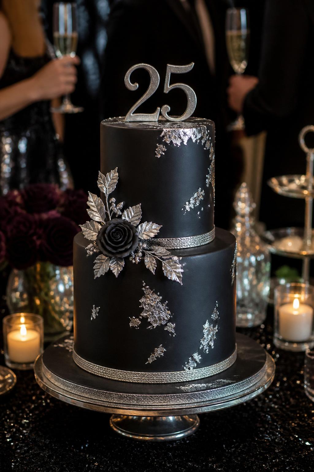 Image Prompt: Ultra-realistic evening 25th wedding anniversary party scene featuring a classy black and silver anniversary cake with smooth black fondant, metallic silver accents, subtle silver leaf, and a refined number "25" topper. Place the cake on a luxury dessert table with candles, dark florals, champagne glasses, black and silver decor, crystal glassware, and a softly blurred formal celebration background. Keep the cake as the clear main subject. No visible faces. If people appear, show only cropped torsos, hands holding glasses, back views, or side silhouettes. Realistic fondant texture, rich silver shine, moody DSLR event photography. (no watermarks on images)