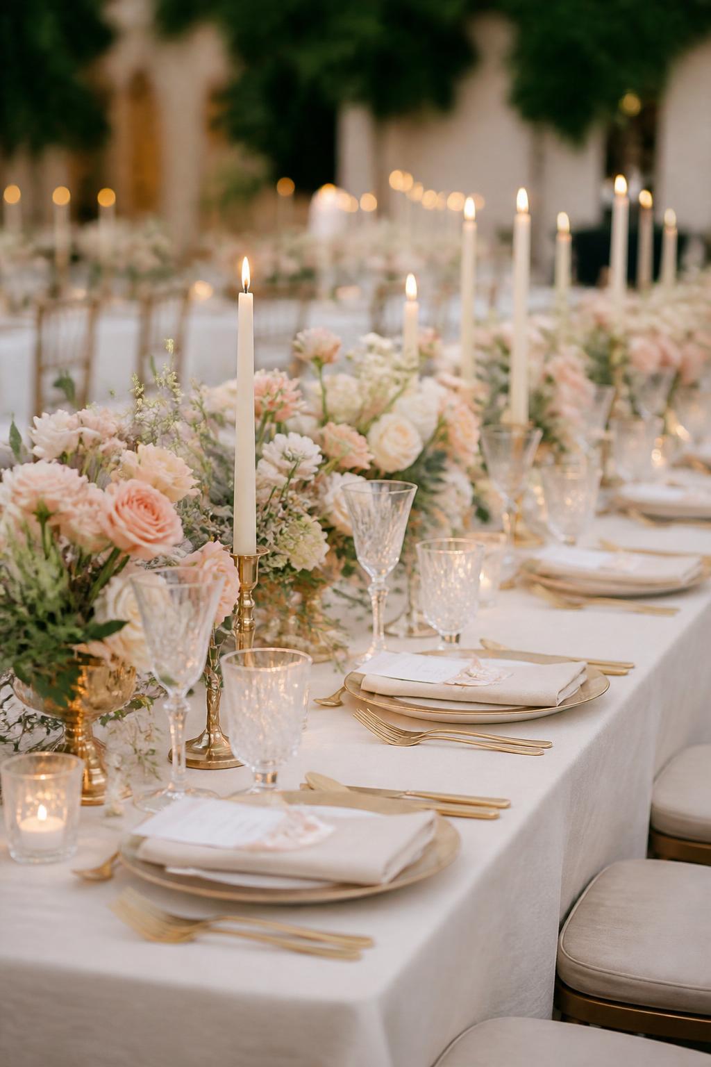 Image Prompt:
A professional editorial wedding reception photo showing a long rectangle wedding table styled with ivory taper candles in gold holders, low floral centerpieces in blush, ivory, and soft peach tones, white plates, gold flatware, crystal glasses, and folded linen napkins. Romantic indoor or garden wedding reception setting, no visible faces, no full people, table-focused composition, realistic DSLR wedding photography, no text, no watermark, (no watermarks on images)