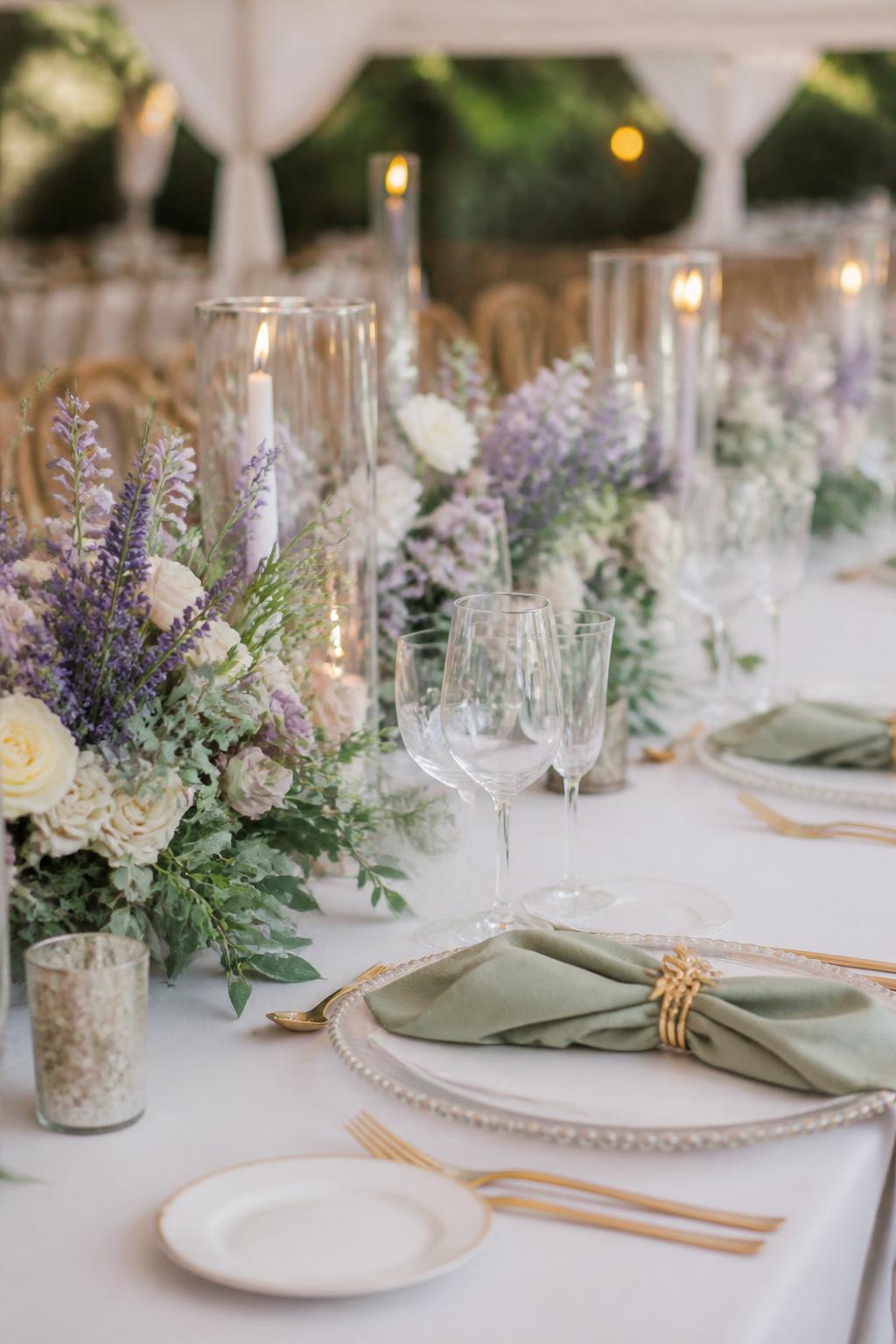 Image Prompt:
A soft wedding table image showing lavender flowers, sage green napkins, white plates, gold flatware, ivory candles, clear glassware, and soft greenery. Garden or tented wedding reception setting, no visible faces, no text, no watermark, professional DSLR wedding photography, (no watermarks on images)