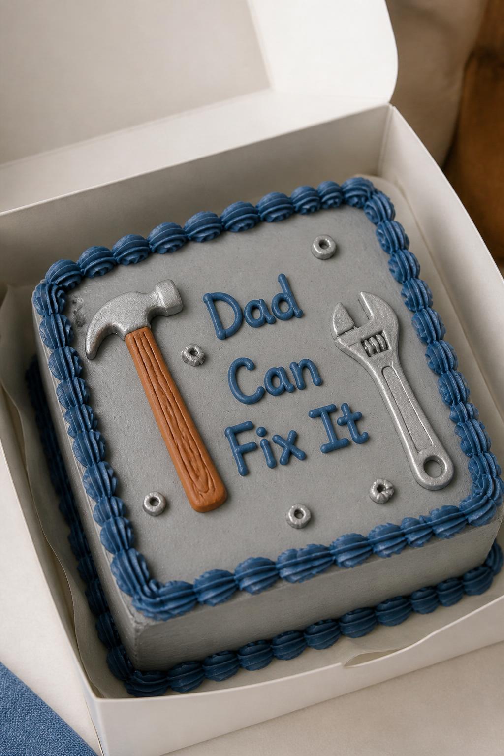Image Prompt:
A creative Father’s Day bento cake inside an open white cake box, smooth gray frosting, tiny buttercream tool details like a hammer and wrench on top, neat blue piped border, short icing text reading “Dad Can Fix It,” playful workshop-inspired styling, realistic close-up bakery photography, no people, no hands, no faces, no watermarks on images