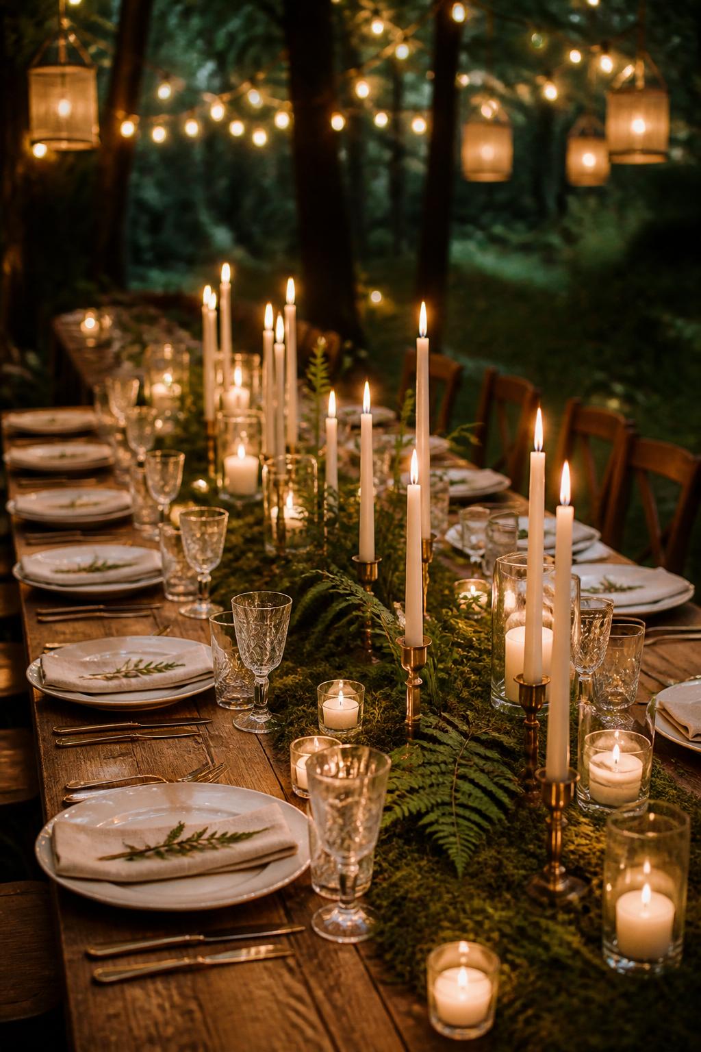 A professional editorial wedding reception photo showing a long rectangle wedding table styled for a forest wedding with a lush moss runner down the center, ivory taper candles in brass holders, soft fern accents, white plates, natural linen napkins, clear glassware, and warm glowing candlelight. The setting is an enchanted woodland reception under trees with a refined and romantic mood. No visible faces, no full people, table-focused composition, realistic DSLR wedding photography, no text, no watermark.
