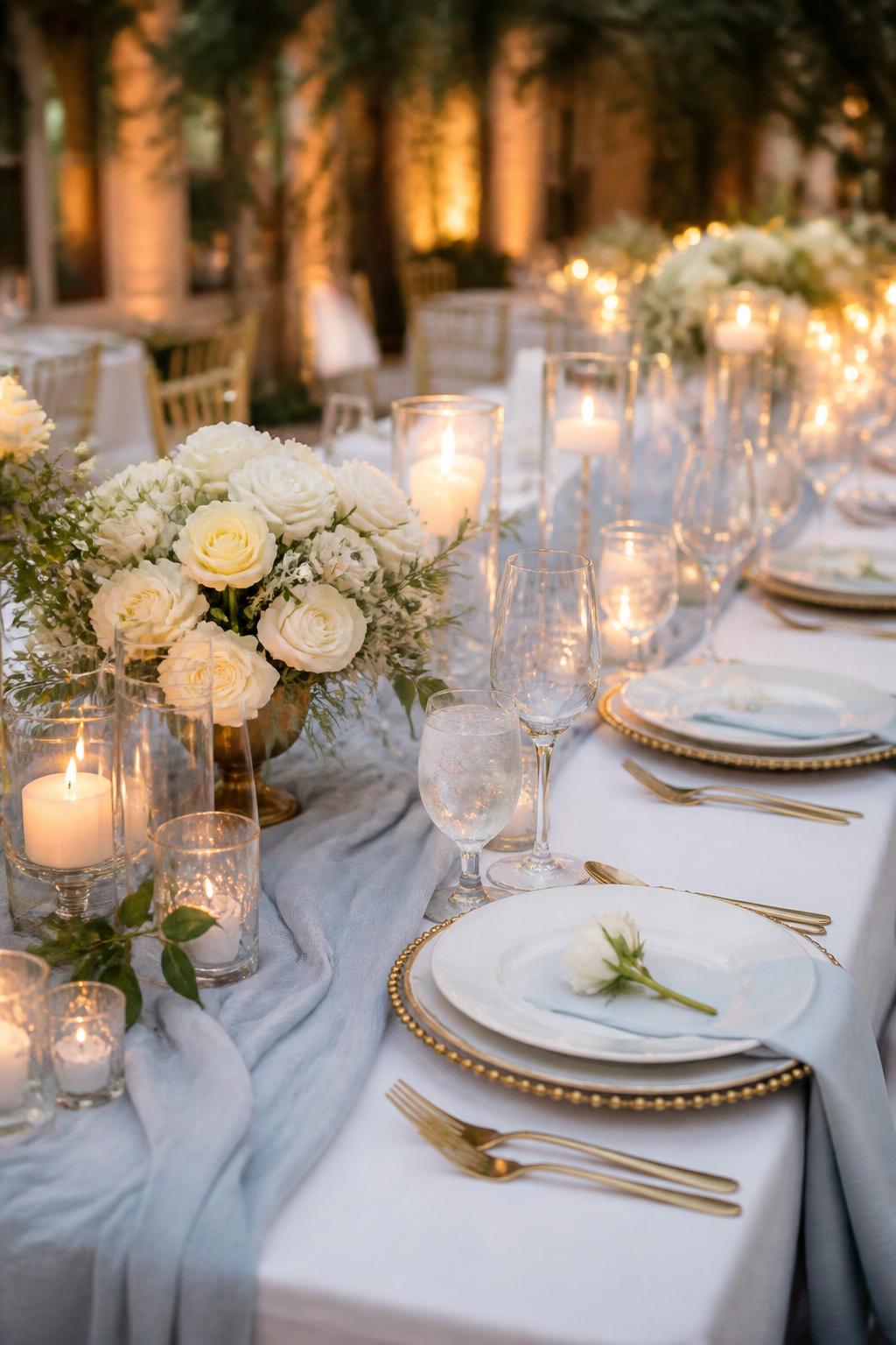 Image Prompt:
A romantic wedding reception table with a soft French blue table runner, white roses, ivory candles, gold flatware, white plates, clear glasses, and warm candlelight. Elegant garden or indoor reception setting, no visible faces, no full people, no text, no watermark, realistic editorial wedding photography, (no watermarks on images)