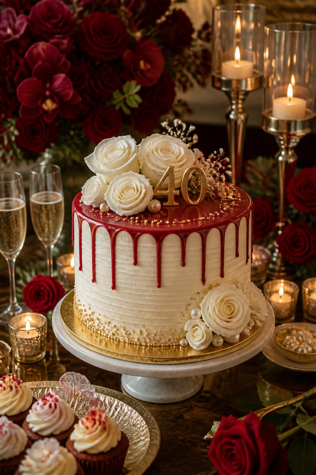 Image Prompt: A modern ruby wedding anniversary cake with smooth white buttercream, a neat ruby red drip, white roses, gold sprinkles, pearl accents, and a small gold “40” topper. Style it on a polished dessert table with candles, red flowers, champagne glasses, and soft warm lighting. Make it festive, cute, and realistic, no people, no faces, no text overlay, no watermark. (no watermarks on images)